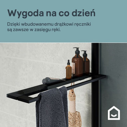Brusevæg med hylde og håndklædestang 80x195 cm Sort | EVANNA