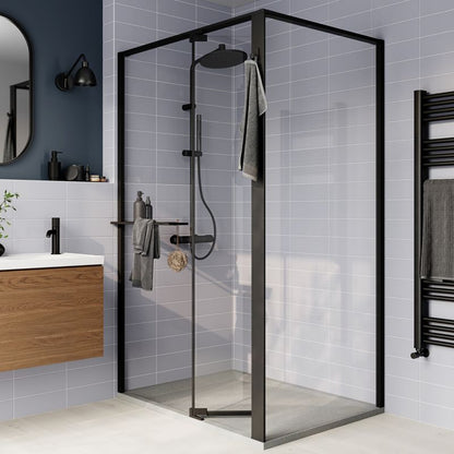 Walk-in Brusevæg 90 cm Sort Ramme Hærdet Glas 8 mm