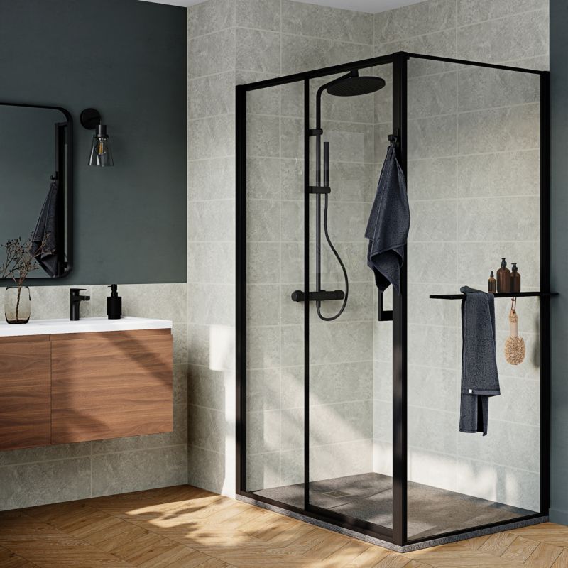 Walk-in Brusevæg 90 cm Sort Ramme Transparent Glas med Hylde og Stang