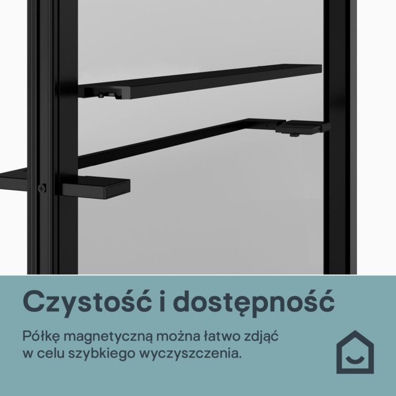 Walk-in Brusevæg 90 cm Sort Ramme Transparent Glas med Hylde og Stang