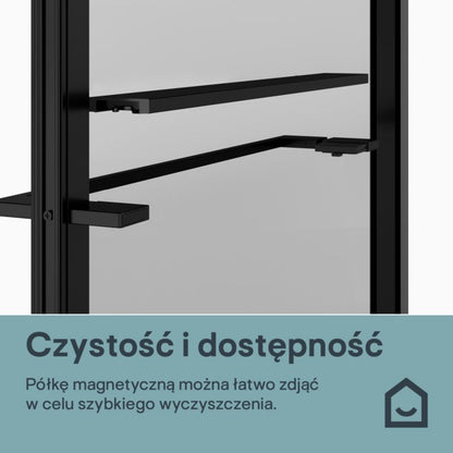 Walk-in Brusevæg 90 cm Sort Ramme Transparent Glas med Hylde og Stang