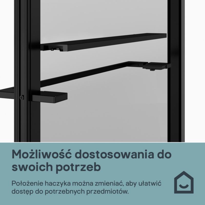 Walk-in Brusevæg 90 cm Sort Ramme Transparent Glas med Hylde og Stang