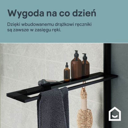 Walk-in Brusevæg 90 cm Sort Ramme Transparent Glas med Hylde og Stang