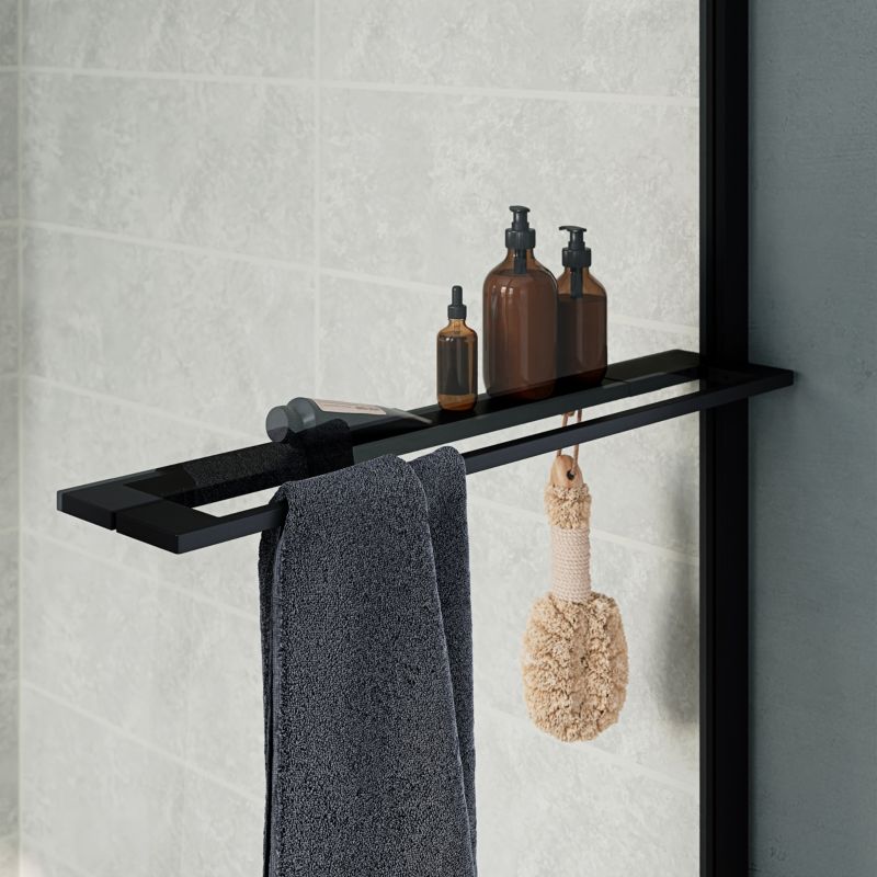 Walk-in Brusevæg 90 cm Sort Ramme Transparent Glas med Hylde og Stang