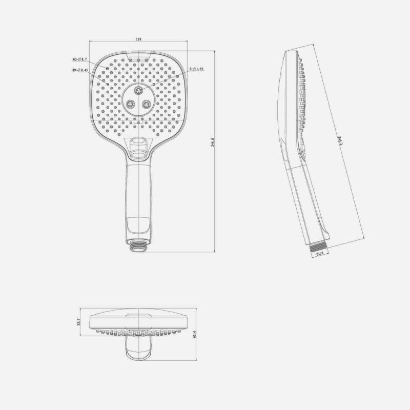 3-Funktions Brusehoved Firkantet Sort 24,4 cm ABS