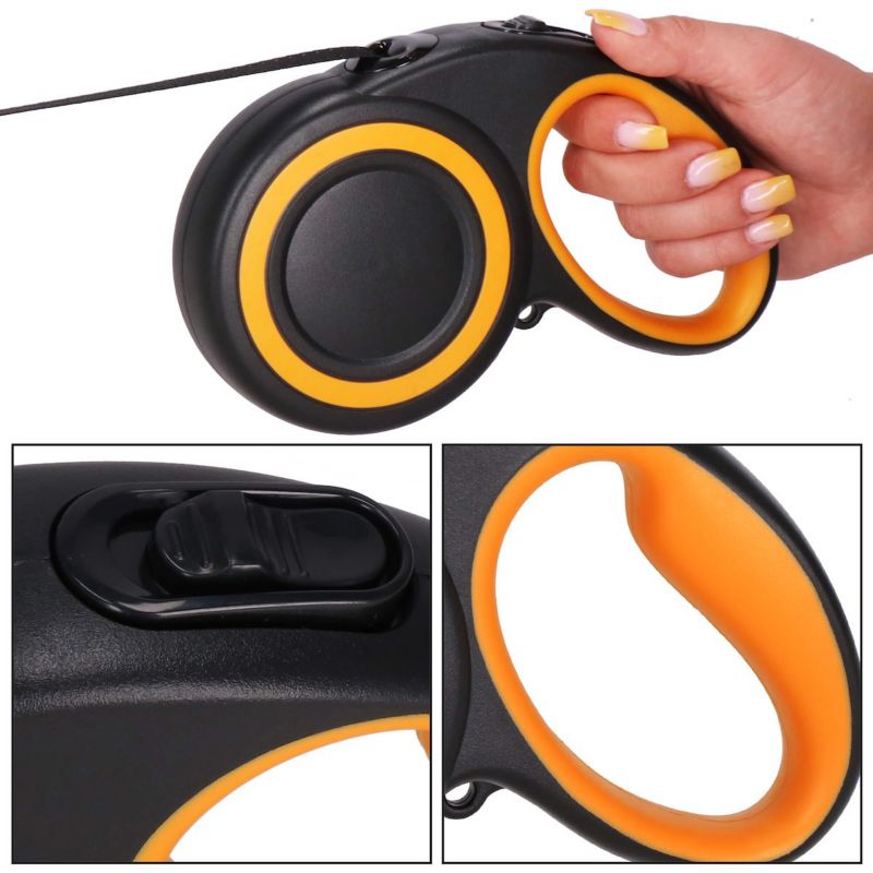 Automatisk båndline til hund Springos 5 m - til op til 50 kg, sort-orange, 1 stk.