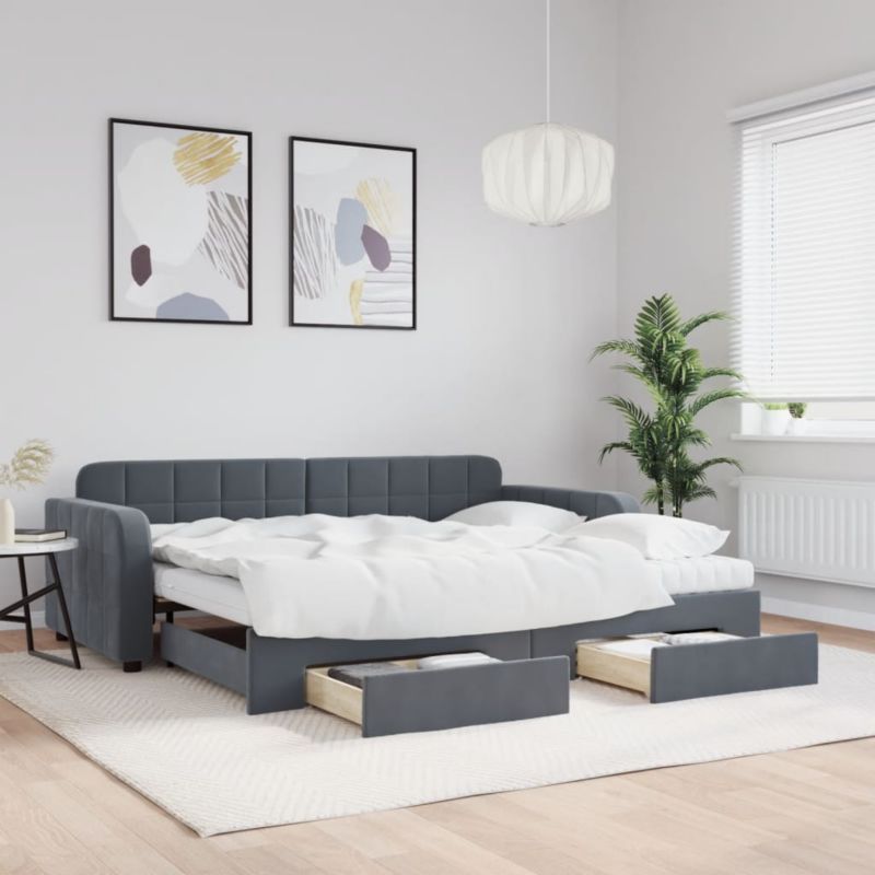 Sovesofa 90x190 cm Mørkegrå Fløjl med Skuffer