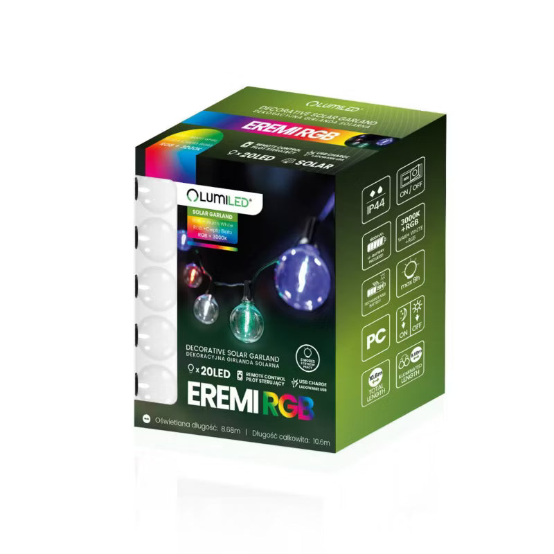 Solarlyskæde 20 LED G50 10,6 m RGB