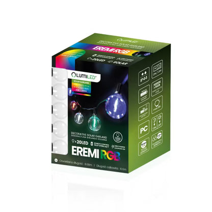 Solarlyskæde 20 LED G50 10,6 m RGB
