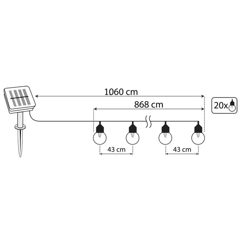 Solarlyskæde 20 LED G50 10,6 m RGB