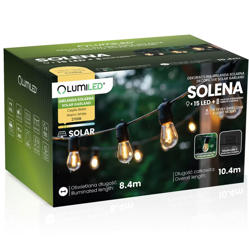 Solcelle Lyskæde SOLENA 10,4 m 15 LED med Fjernbetjening