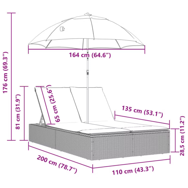 Solvogn Dobbelt 200x164 cm Grå Polybambus med Parasol