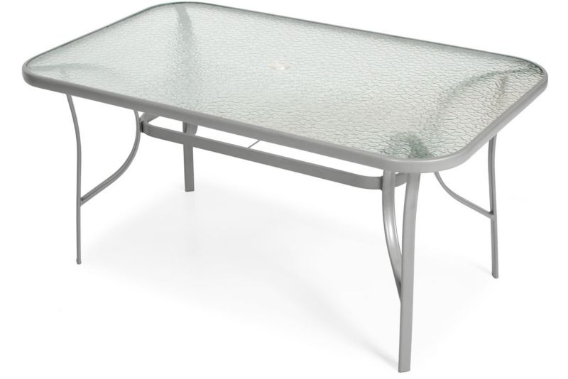 Bettso Porto rektangulært havebord med glasplade og parasolhul på sølvfarvede ben, transparent, 1 stk.