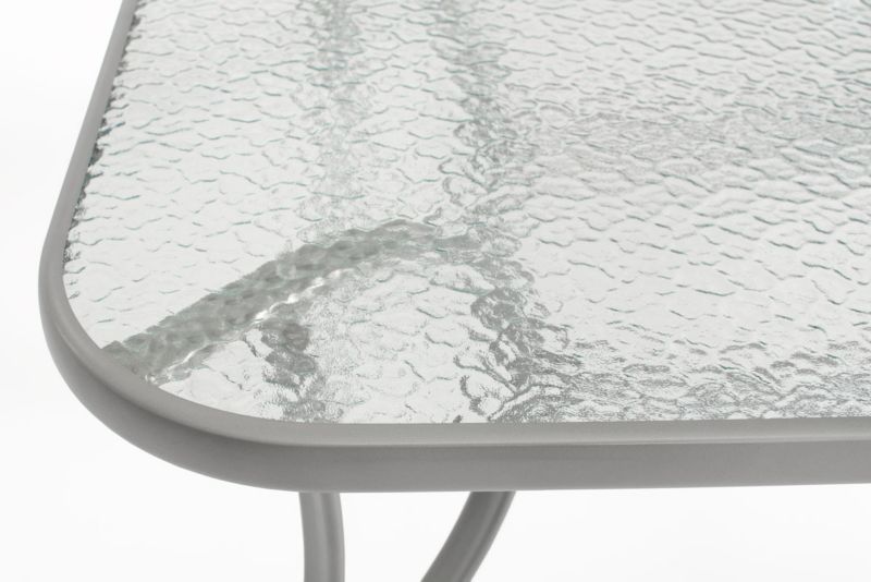 Bettso Porto rektangulært havebord med glasplade og parasolhul på sølvfarvede ben, transparent, 1 stk.