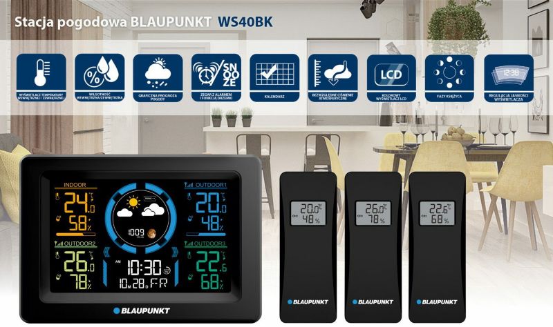 Blaupunkt vejrstation med 3 sensorer WS40BK, 1 stk.