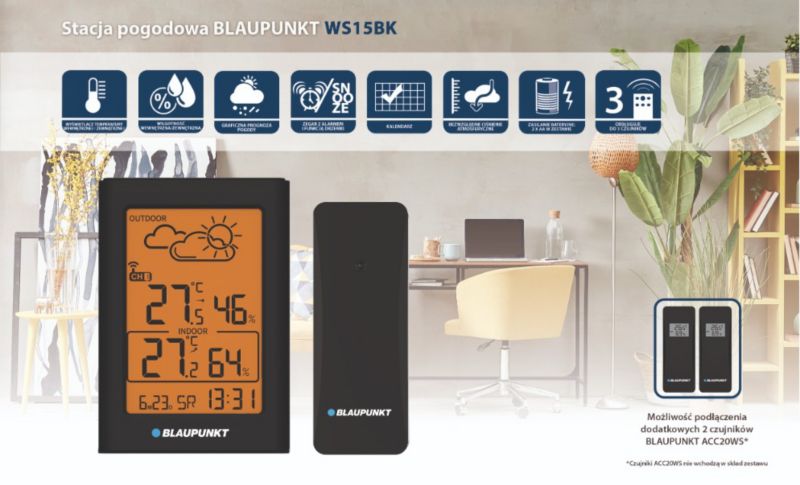 Blaupunkt vejrstation med support til op til tre sensorer WS15BK, 1 stk.