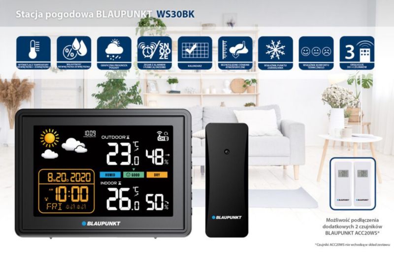 Blaupunkt vejrstation med understøttelse af op til tre sensorer WS30BK, 1 stk.