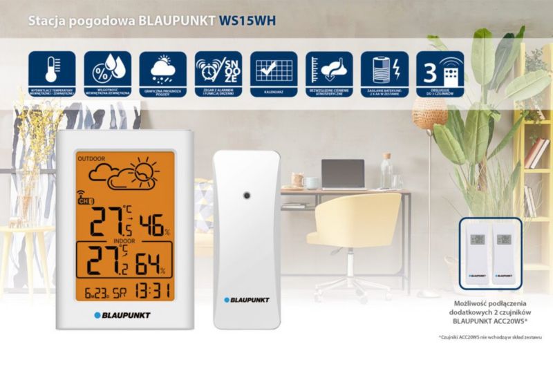Blaupunkt WS15WH vejrstation med understøttelse af 3 sensorer, 1 stk.