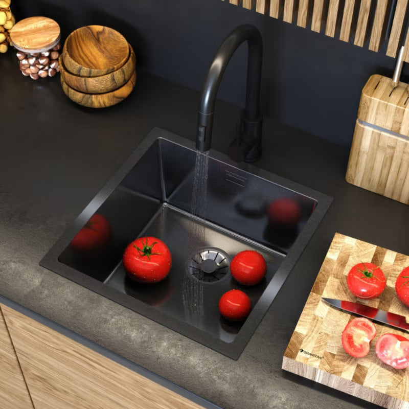 Stålvask Silvo 44x44 cm Sort med Armatur og Vandlås