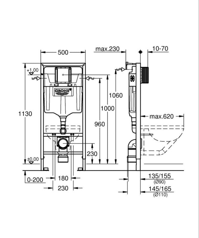 Toilet Skjult Cisterne 2-i-1 Ramme 150x1120x520 mm 300 kg 38536001