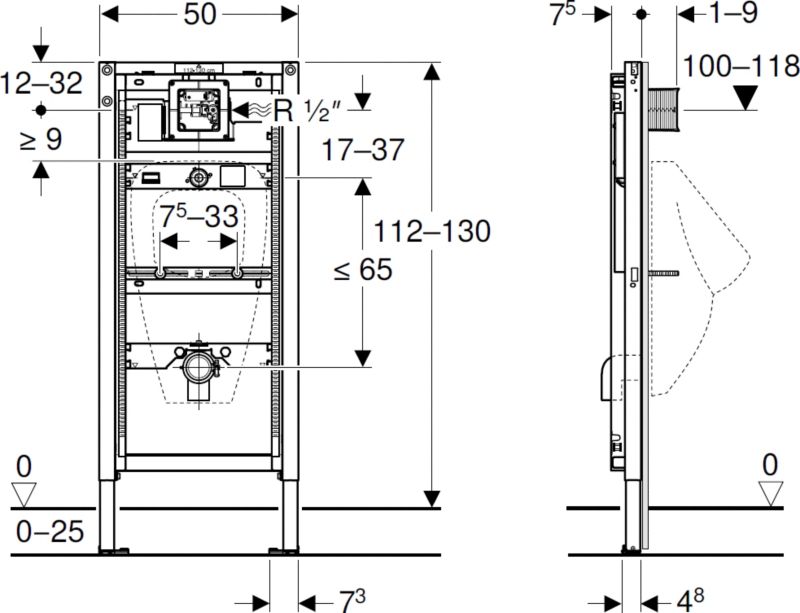 Stel til Urinal 112-130 cm Universal Hvid 4064746030802