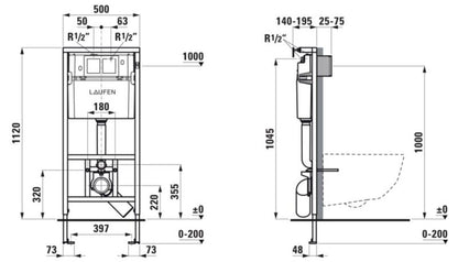 Toiletramme til Væghængt Toilet 112 cm 6/3 l Spulesystem 1 stk. | 7612738328146