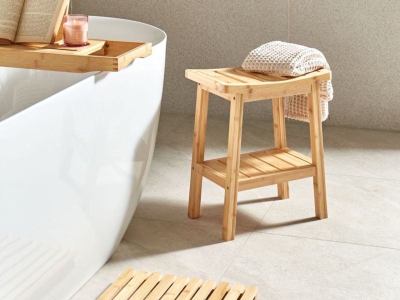 Bambus badeværelsesskammel Tremont 39x25x45 cm Lysebrun med hylde