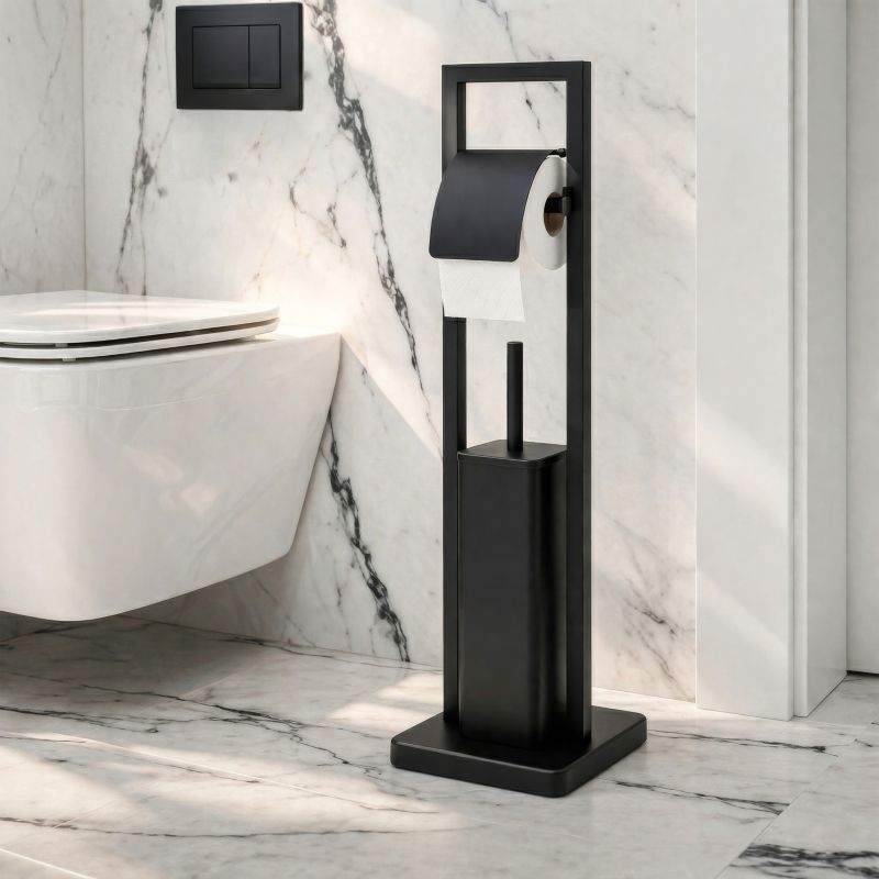 Toiletpapirstativ med WC-børste Sort Mat 20x20x80 cm