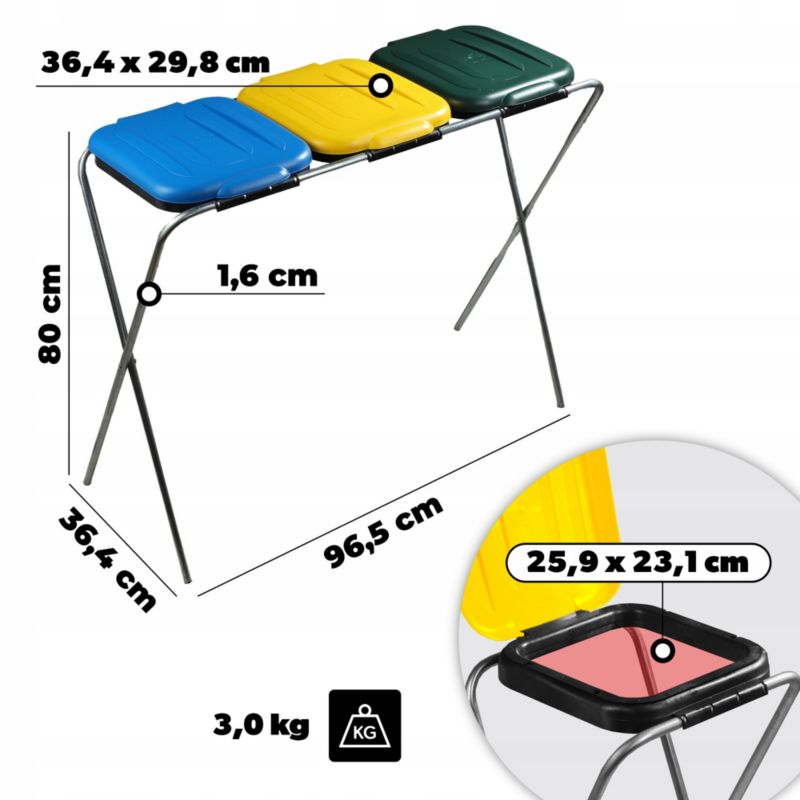 KADAX Stativ til affaldssortering med 3 rum og poseholder, 120 L