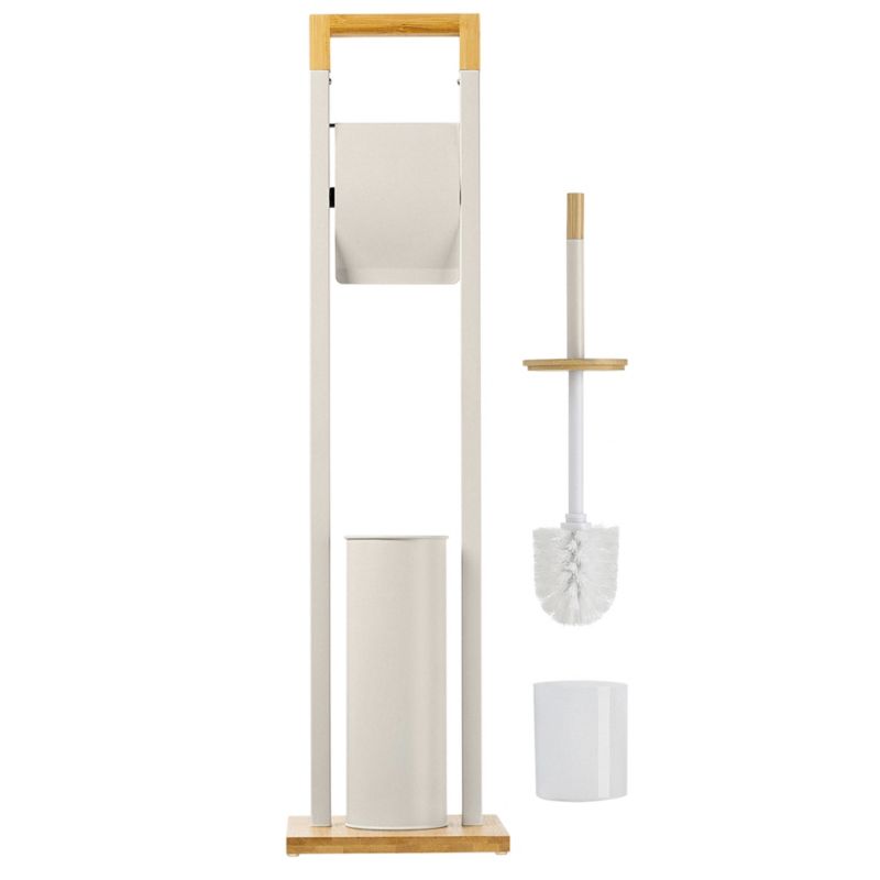 Gulvstående Toiletbørsteholder med Papirholder Beige Bambus Stål 76,5 cm