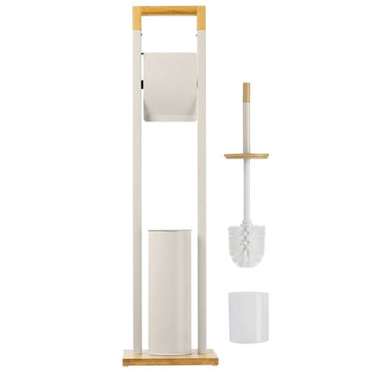 Gulvstående Toiletbørsteholder med Papirholder Beige Bambus Stål 76,5 cm