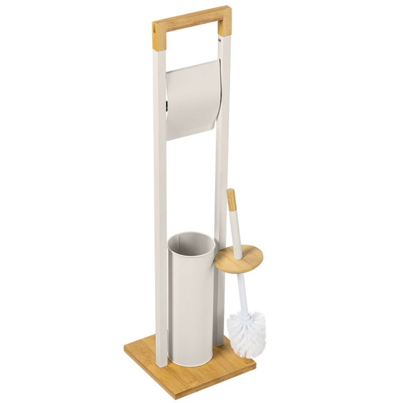 Gulvstående Toiletbørsteholder med Papirholder Beige Bambus Stål 76,5 cm