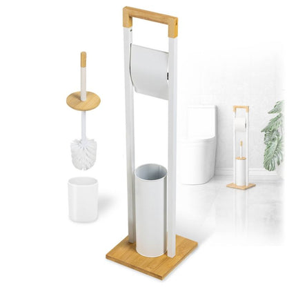 Toiletpapirstativ med WC-børste Hvid Bambus og Stål 76,5 cm