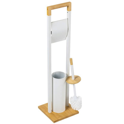 Toiletpapirstativ med WC-børste Hvid Bambus og Stål 76,5 cm