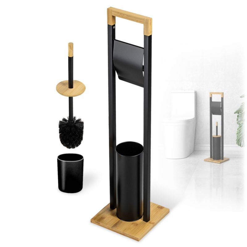 Toiletpapirstativ med WC-børste Sort Bambus og Stål 76,5 cm