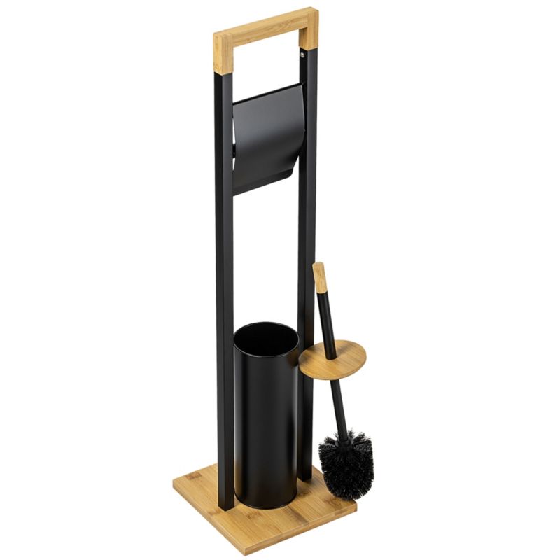 Toiletpapirstativ med WC-børste Sort Bambus og Stål 76,5 cm