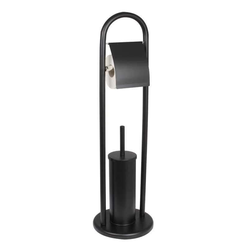 Toiletpapirholder med WC-børste Sort Mat Stål 22x22x80 cm