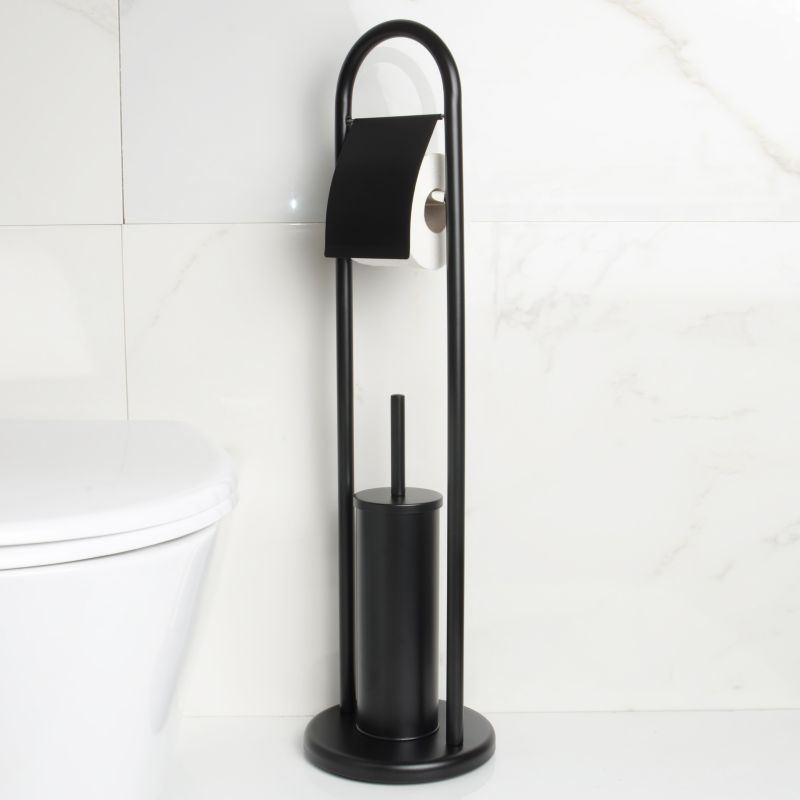 Toiletpapirholder med WC-børste Sort Mat Stål 22x22x80 cm