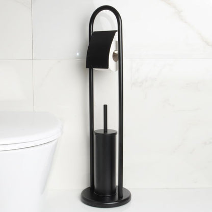 Toiletpapirholder med WC-børste Sort Mat Stål 22x22x80 cm