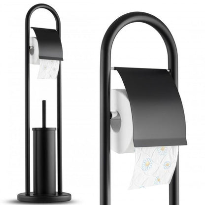 Toiletpapirholder med WC-børste Sort Mat Stål 22x22x80 cm