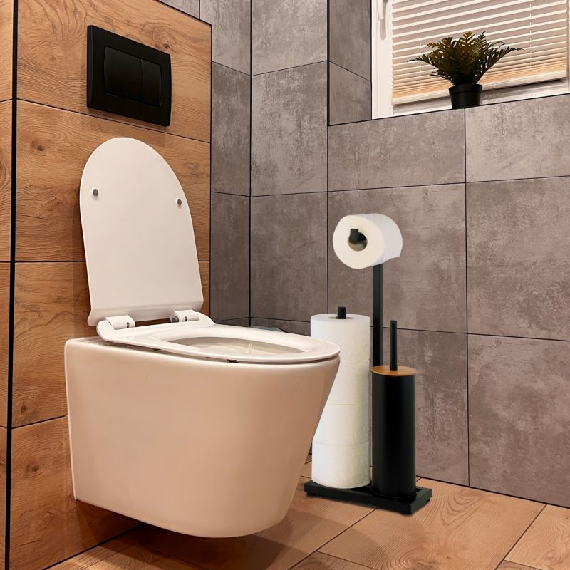 Toiletbørsteholder og Toiletpapirholder 3-i-1 Sort Bambus 60,5 cm P.PAP-WC-BLK