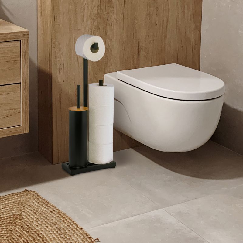 Toiletbørsteholder og Toiletpapirholder 3-i-1 Sort Bambus 60,5 cm P.PAP-WC-BLK