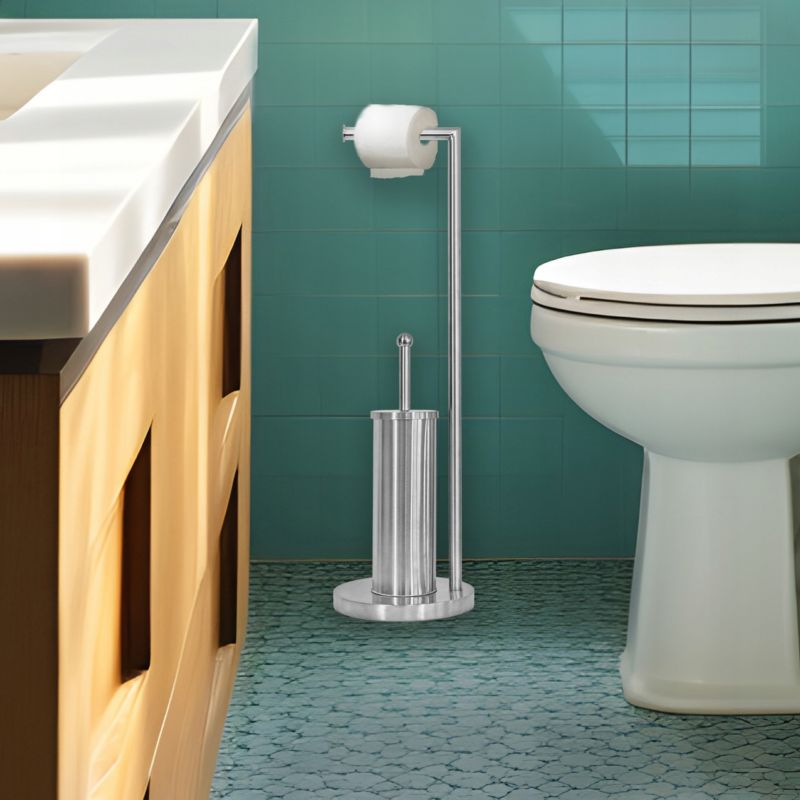 Toiletpapirholder med WC-børste Sølv Stål 19x19x72 cm