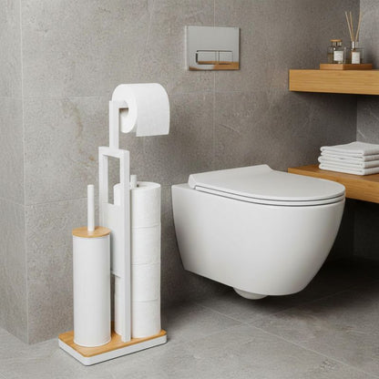 Toiletpapirstativ med WC-børste Hvid Bambus 62 cm