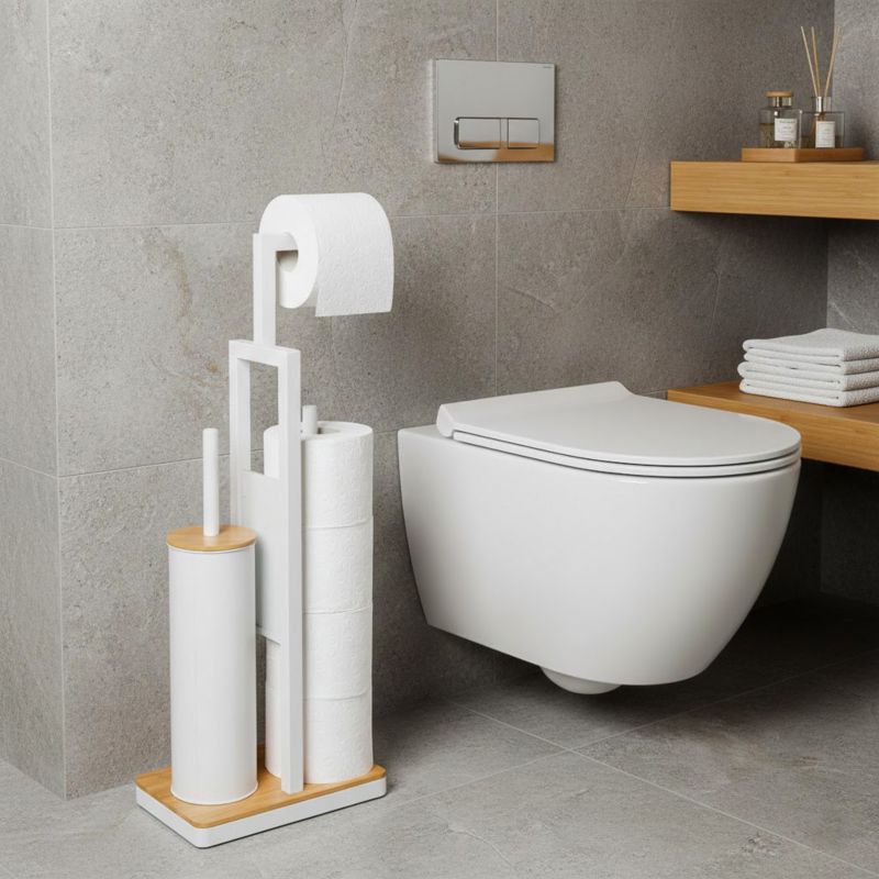 Toiletpapirstativ med WC-børste Hvid Bambus 62 cm