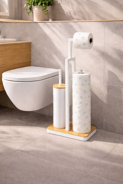 Toiletpapirstativ med WC-børste Hvid Bambus 62 cm