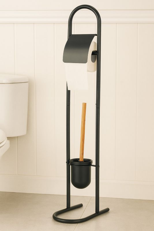 Toiletpapirholder med WC-børste Metal Bambus Sort 81x28,5x16 cm