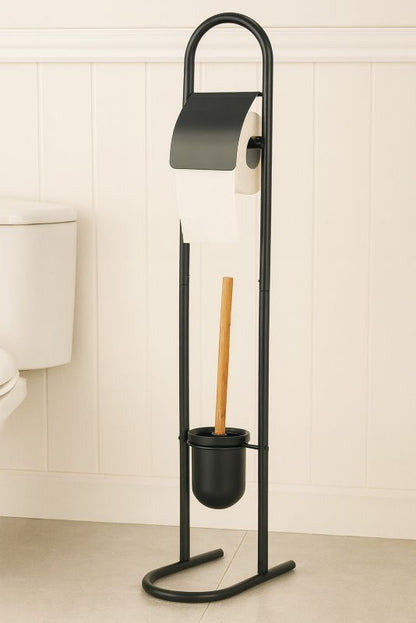 Toiletpapirholder med WC-børste Metal Bambus Sort 81x28,5x16 cm