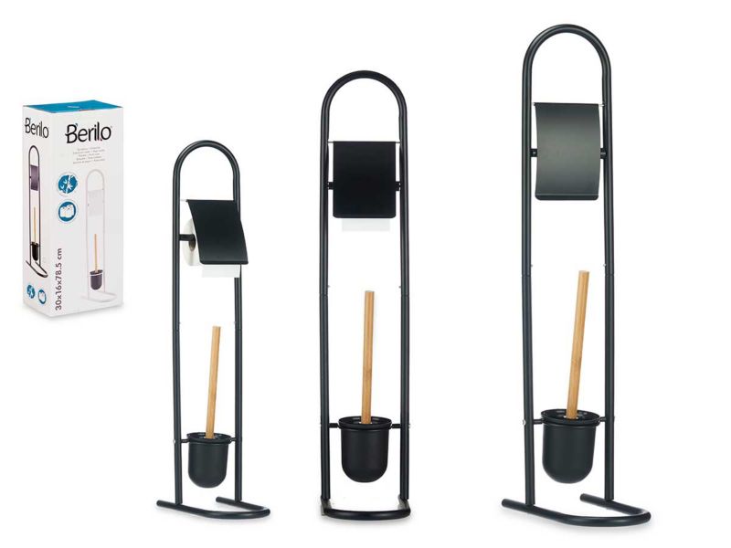 Toiletpapirholder med WC-børste Metal Bambus Sort 81x28,5x16 cm