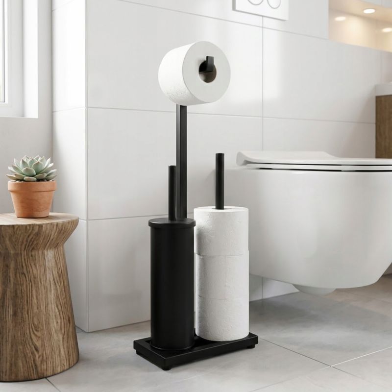 Toiletpapirholder med WC-børste 3-i-1 Sort Mat Stål 60,5 cm